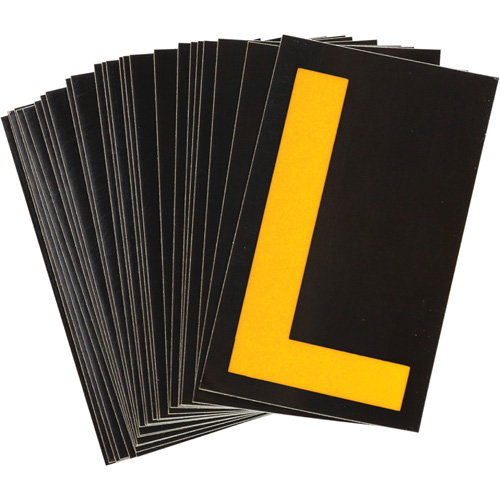 Reflective Individual Number and Letter Labels, L, 1-1/2" H, Yellow on Black - Brady 5890-L