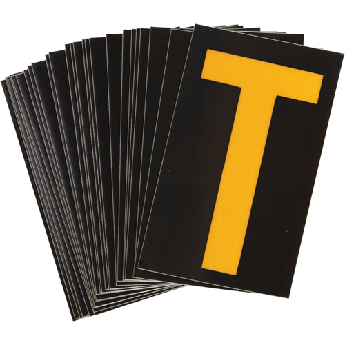Reflective Individual Number & Letter Labels, T, 1-1/2" H, Yellow on Black - Brady 5890-T