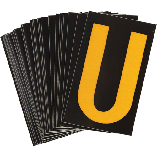 &eacute;tiquettes de lettres & chiffres r&eacute;fl&eacute;chissants individuels, U, 2-1/2" h, Jaune sur noir - Brady 5000-U