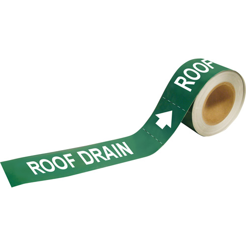"Roof Drain" Pipe Markers, Self-Adhesive, 1" H x 8" W, White on Green - Brady 20463