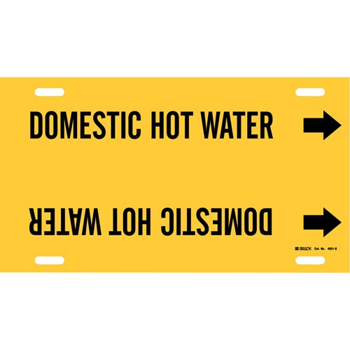 Marqueur de tuyau Domestic Hot Water, &agrave; attacher, 10" h x 24" la, Noir sur jaune - Brady 4051-G