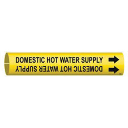 "Domestic Hot Water Supply" Pipe Marker, Snap-On, 7/8" H x 7/8" W, Black on Yellow - Brady 4053-B