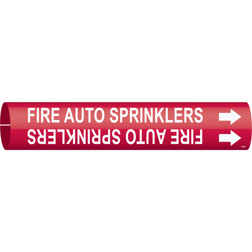 "Fire Auto Sprinklers" Pipe Marker, Snap-On, 13/16" H x 13/16" W, White on Red - Brady 4059-A