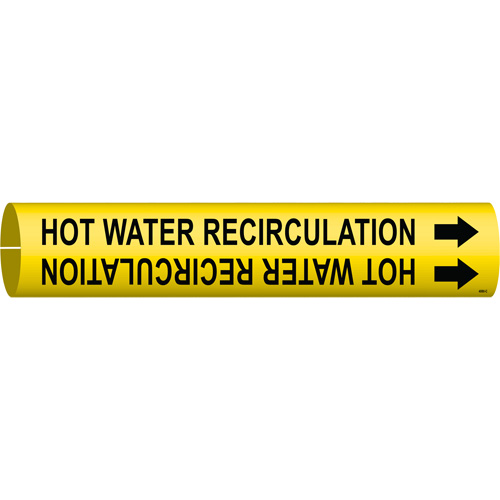 Marqueur de tuyau Hot Water Recirculation, &agrave; pression, 2" h x 2" la, Noir sur jaune - Brady 4080-C