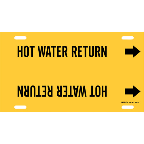 Marqueur de tuyau Hot Water Return, &agrave; attacher, 10" h x 24" la, Noir sur jaune - Brady 4081-G
