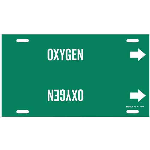 "Oxygen" Pipe Marker, Strap-On, 10" H x 24" W, White on Green - Brady 4106-G