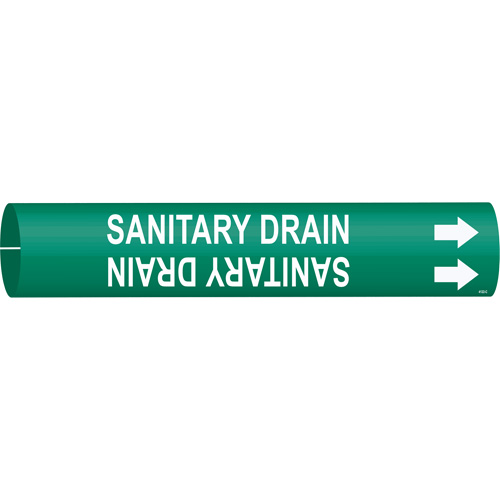 "Sanitary Drain" Pipe Marker, Snap-On, 2" H x 2" W, White on Green - Brady 4122-C