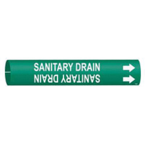 "Sanitary Drain" Pipe Marker, Snap-On, 2-13/16" H x 2-13/16" W, White on Green - Brady 4122-D