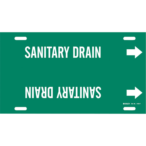 "Sanitary Drain" Pipe Marker, Strap-On, 8" H x 16" W, White on Green - Brady 4122-F