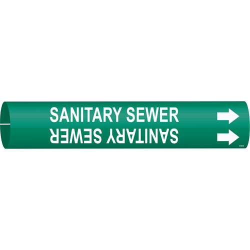 "Sanitary Sewer" Pipe Marker, Snap-On, 7/8" H x 7/8" W, White on Green - Brady 4123-B