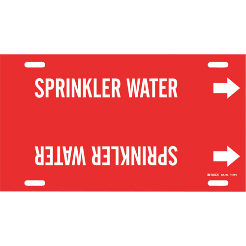 "Sprinkler Water" Pipe Marker, Strap-On, 10" H x 24" W, White on Red - Brady 4128-G