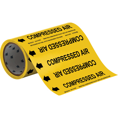 "Compressed Air" Roll Form Pipe Markers, Self-Adhesive, Cuttable H x 8" W, Black on Yellow - Brady 41455