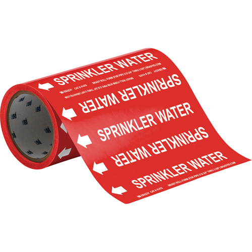 Marqueurs de tuyau &agrave; profil rond Sprinkler Water, Autocollant, Taillable h x 8" la, Blanc/rouge - Brady 41476