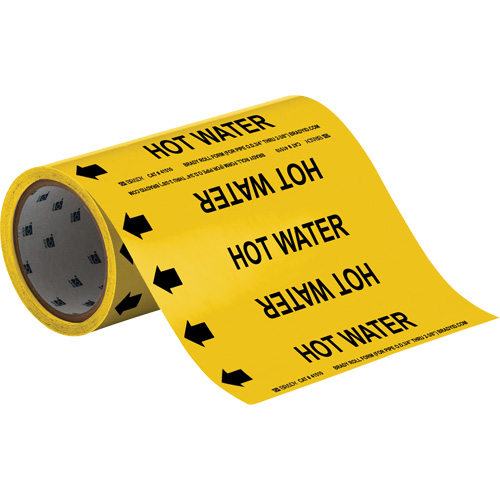 Marqueurs de tuyau &agrave; profil rond Hot Water, Autocollant, Taillable h x 8" la, Noir sur jaune - Brady 41510