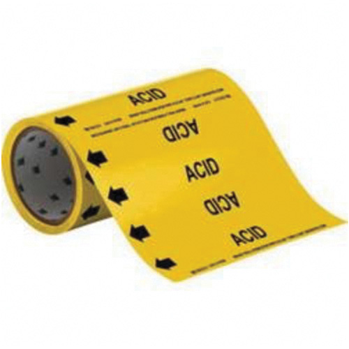 Marqueurs de tuyau &agrave; profil rond Acid, Autocollant, Taillable h x 8" la, Noir sur jaune - Brady 41538