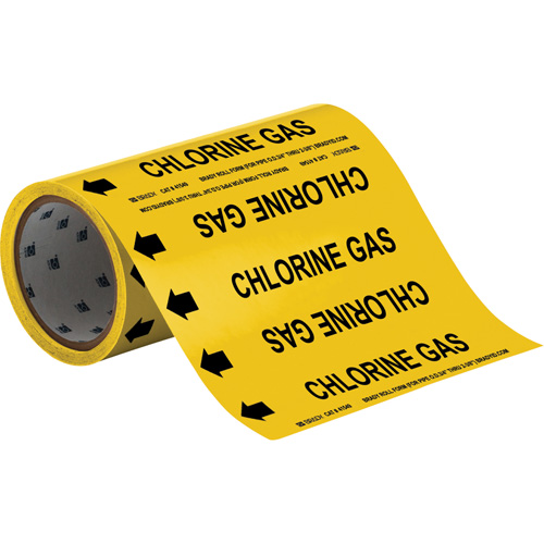 Marqueurs de tuyau &agrave; profil rond Chlorine Gas, Autocollant, Taillable h x 8" la, Noir sur jaune - Brady 41549
