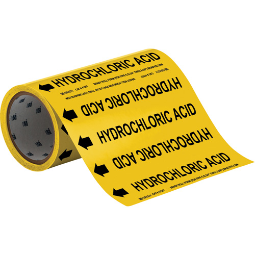 "Hydrochloric Acid" Roll Form Pipe Markers, Self-Adhesive, Cuttable H x 8" W, Black on Yellow - Brady 41557