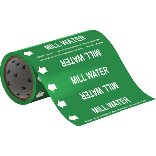 "Mill Water" Roll Form Pipe Markers, Self-Adhesive, Cuttable H x 8" W, White on Green - Brady 41564