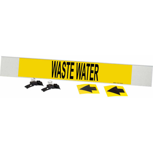 "Waste Water" Pipe Marker, Fibreglass Carrier with Clips, 4" H x 24" W, Black on Yellow - Brady 5784-HPHV
