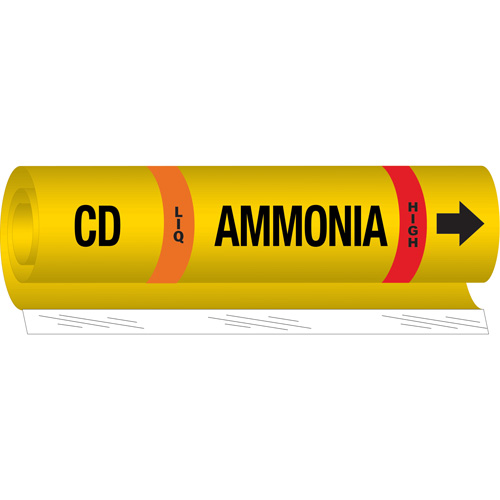 "CD Liq Ammonia High" Ammonia (IIAR) Pipe Marker, Wrap-Around, 9" H x 8" W, Black on Yellow - Brady 57961