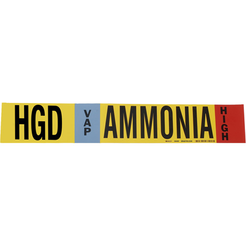 "HGD Vap Ammonia High" Ammonia (IIAR) Pipe Marker, Wrap-Around, 9" H x 8" W, Black on Yellow - Brady 57965