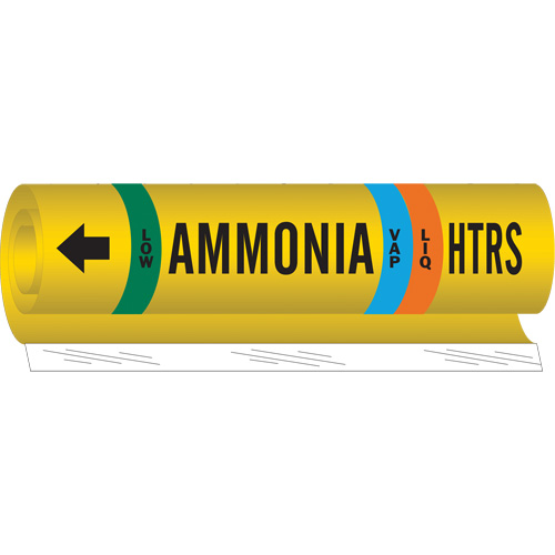 "HTRS Liq/Vap Ammonia Low" Ammonia (IIAR) Pipe Marker, Wrap-Around, 9" H x 8" W, Black on Yellow - Brady 57970