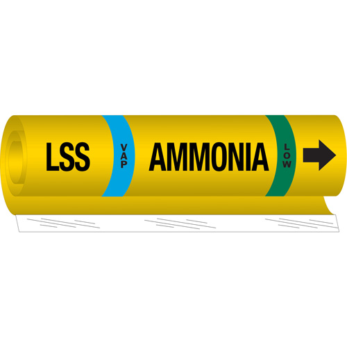 "LSS Vap Ammonia Low" Ammonia (IIAR) Pipe Marker, Wrap-Around, 9" H x 8" W, Black on Yellow - Brady 57973