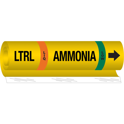 "LTRL Liq Ammonia Low" Ammonia (IIAR) Pipe Marker, Wrap-Around, 9" H x 8" W, Black on Yellow - Brady 57974