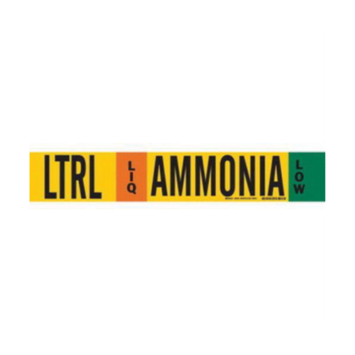 "LTRL Liq Ammonia Low" Ammonia (IIAR) Pipe Marker, Fibreglass Carrier with Clips, 4" H x 24" W, Black on Yellow - Brady 59933