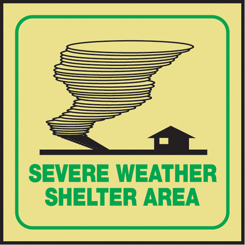 Enseigne Projection  Severe Weather Shelter Area , 6" x 5", Plastique, Anglais avec pictogramme - Accuform NMC PSP352