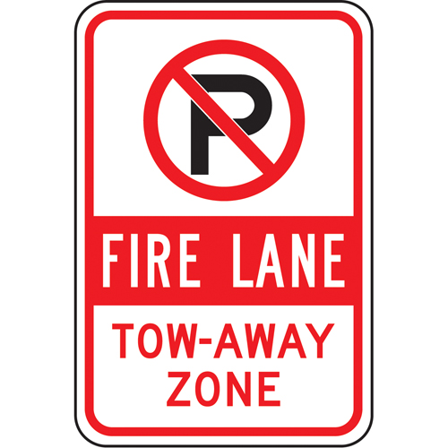 "Fire Lane Tow-Away Zone" No Parking Sign, 18" x 12", Aluminum, English with Pictogram - Accuform NMC FRP131RA