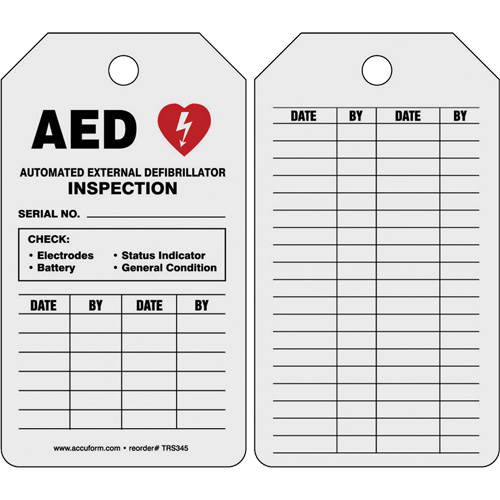 &eacute;tiquette de s&eacute;curit&eacute; d&eacute;tat dinspection de d&eacute;fibrillateur automatique externe, 5-3/4" x 3-1/4", Papier, Anglais - Accuform NMC TRS345CTM