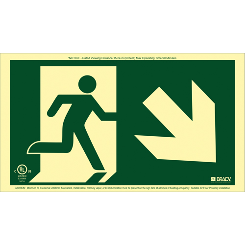 BradyGlo&reg; Running Man Exit Sign with Down Right Arrow, 8-1/2" x 15", Plastic, Pictogram - Brady 143544
