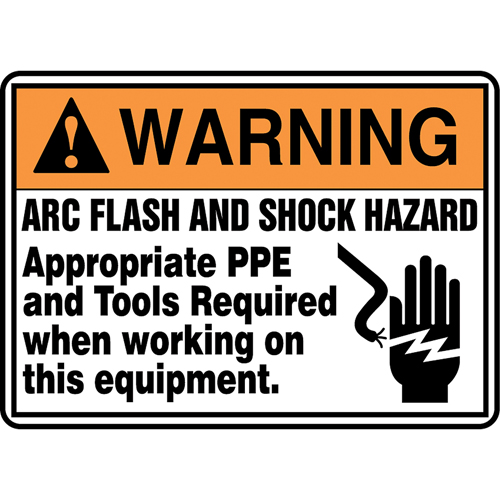 Enseigne  Arc Flash & Shock Hazard , 7" x 10", Aluminium, Anglais avec pictogramme - Accuform NMC MELC359VA