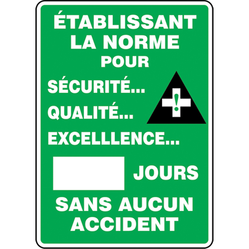 "Jours sans accident" Write-A-Day Scoreboard, 28" x 20", Plastic, French with Pictogram - Accuform NMC FRMSR234PL