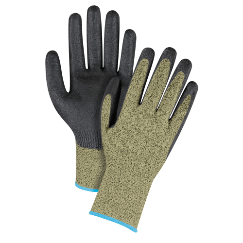 Gants &eacute;lastiques sans coutures r&eacute;sistants &agrave; la coupe noir & jaune, 10/T-Grand, Calibre 13, Rev&ecirc;tement Mousse de nitrile, ASTM ANSI niveau A6 - Produits de sécurité Zenith 