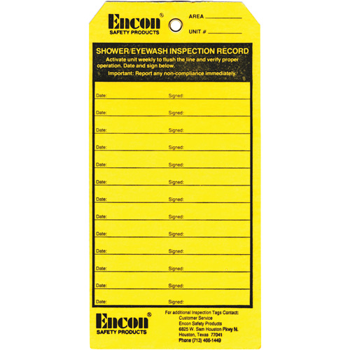 Emergency Shower & Eyewash Inspection Record Tag, Cardstock, 3-1/8" W x 6-1/4" H, English - Encon 01112894