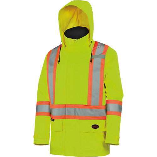 5596 Veste de s&eacute;curit&eacute; haute visibilit&eacute; imperm&eacute;able et l&eacute;g&egrave;re avec capuchon d&eacute;tachable, Polyester, Jaune lime haute visibilit&eacute;, Moyen - Pioneer V1090160-M