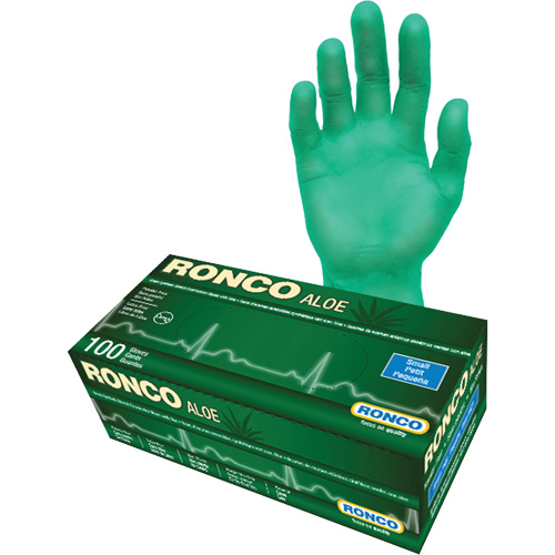 Gants jetables avec alo&egrave;s, Petit, Vinyle, 5 mils, Sans poudre, Vert - Ronco 627