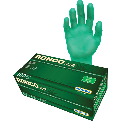 Disposable Gloves with Aloe, Large, Vinyl, 5-mil, Powder-Free, Green - Ronco 647