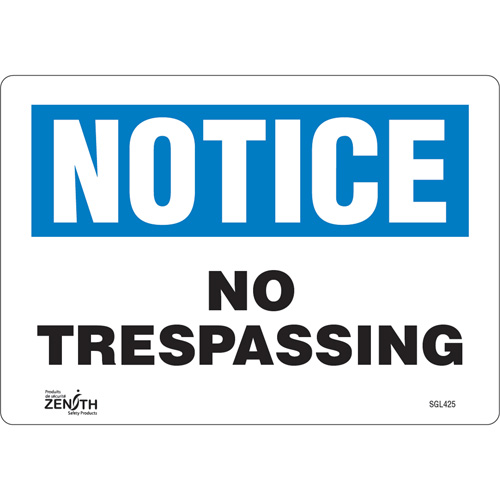 Enseigne No Trespassing, 7" x 10", Vinyle, Anglais - Produits de sécurité Zenith 