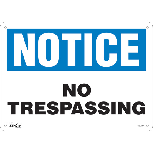 "No Trespassing" Sign, 10" x 14", Plastic, English - Zenith Safety Products 