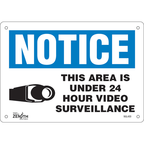Enseigne 24 Hour Surveillance, 7" x 10", Aluminium, Anglais avec pictogramme - Produits de sécurité Zenith 