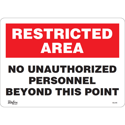 "No Unauthorized Personnel" Sign, 10" x 14", Vinyl, English - Zenith Safety Products 