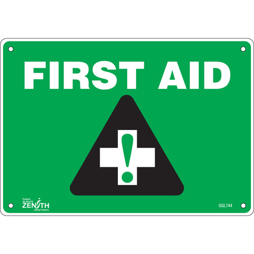 Enseigne First Aid, 7" x 10", Plastique, Anglais avec pictogramme - Produits de sécurité Zenith 