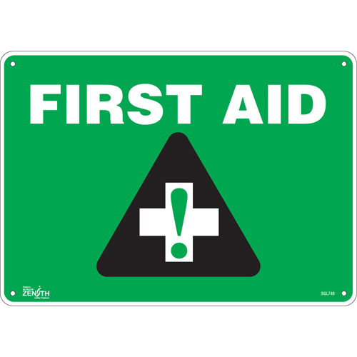 "First Aid" Sign, 10" x 14", Aluminum, English with Pictogram - Zenith Safety Products 