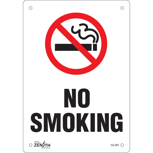 Enseigne No Smoking, 10" x 7", Aluminium, Anglais avec pictogramme - Produits de sécurité Zenith 