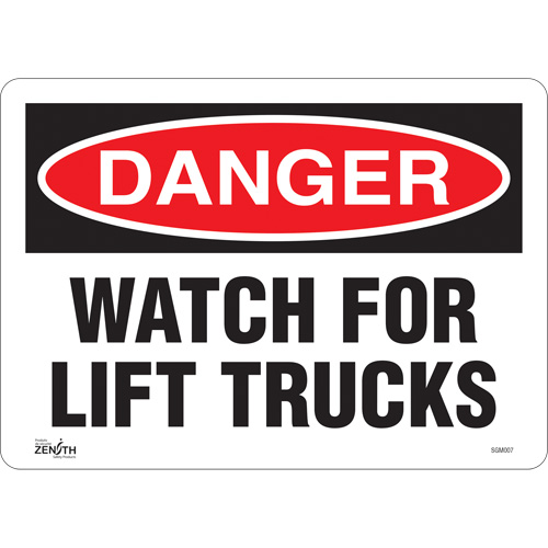 Enseigne Watch For Lift Trucks, 10" x 14", Vinyle, Anglais - Produits de sécurité Zenith 