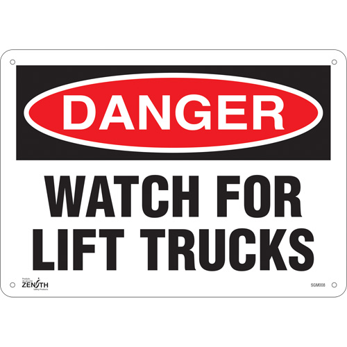 Enseigne Watch For Lift Trucks, 10" x 14", Plastique, Anglais - Produits de sécurité Zenith 