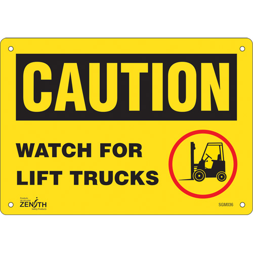 "Watch For Lift Trucks" Sign, 7" x 10", Aluminum, English with Pictogram - Zenith Safety Products 